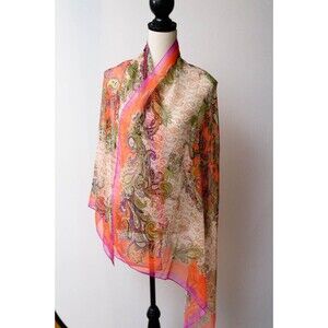 Flower Fairies Silk feeling pink orange paisley scarf 35" x  70"